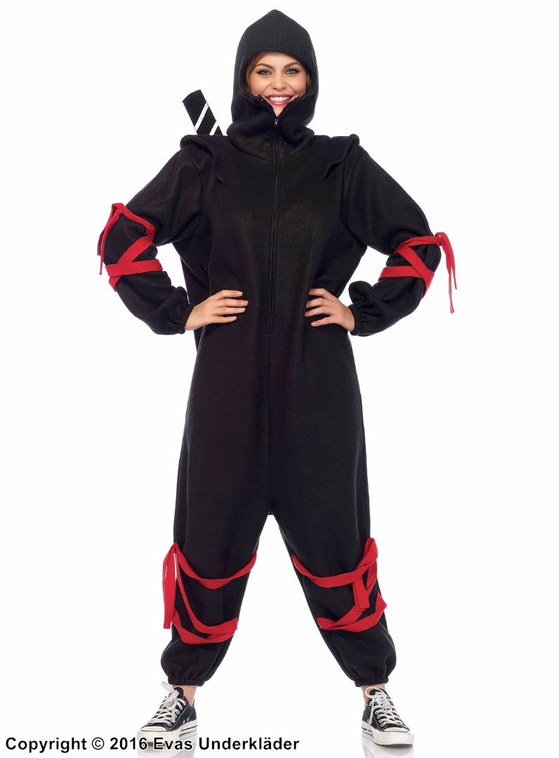 Kvinnelig ninja (også kjent som kunoichi), kostyme kigurumi-jumpsuit, hette, stropper, glidelås på forsiden